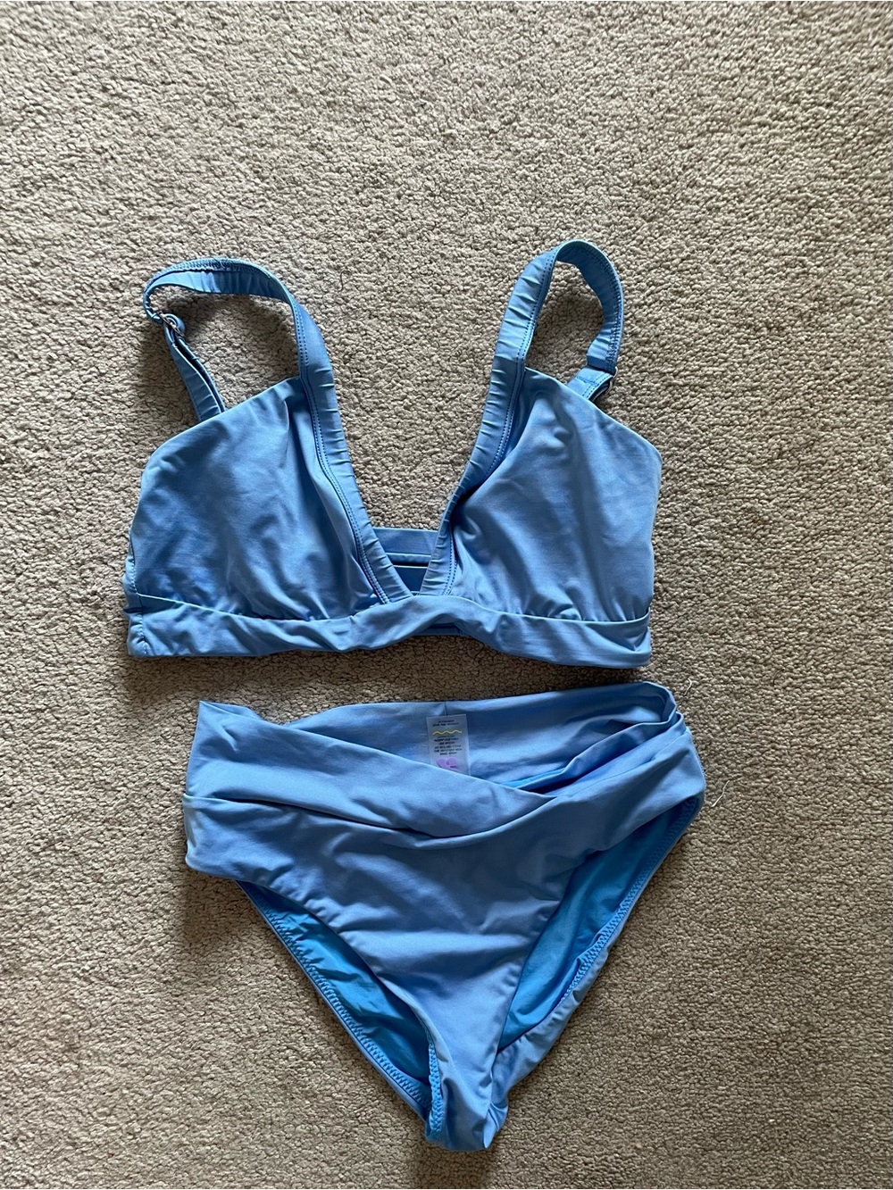Light Blue Women's Bikini Set - V-Neck Top & High Waist Bottom